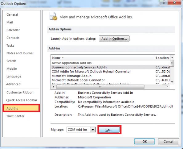 cannot enable add in outlook 2010